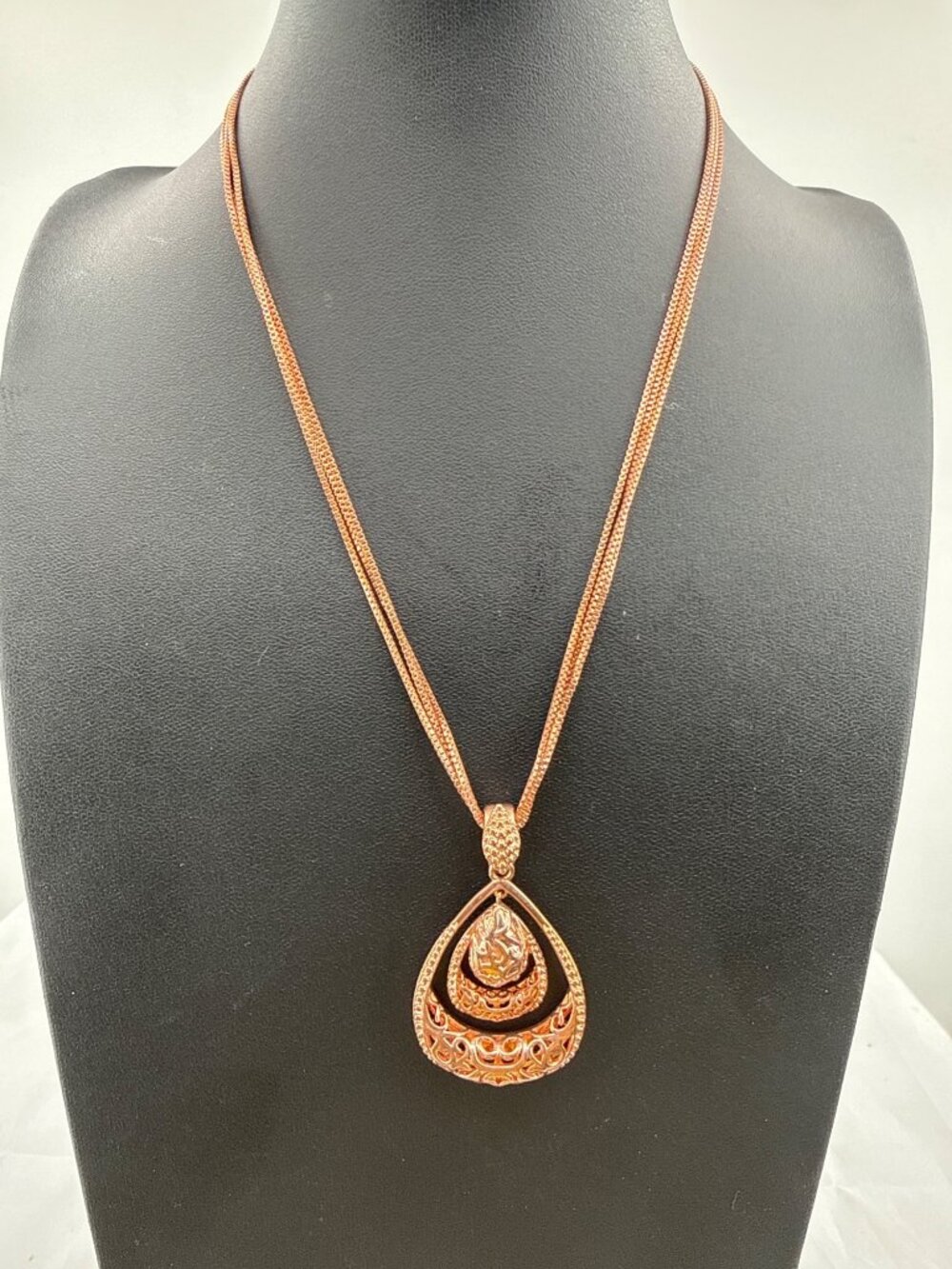 Boho Copper Tone Filigree Teardrop Statement Necklace Multi Strand Chain